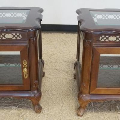 1263	PAIR OF 1 DOOR GLASS DISPLAY LAMP TABLES, EACH WITH INTERIOR GLASS SHELVES, EACH APPROXIMATELY 20 IN X 20 IN X 23 IN H
