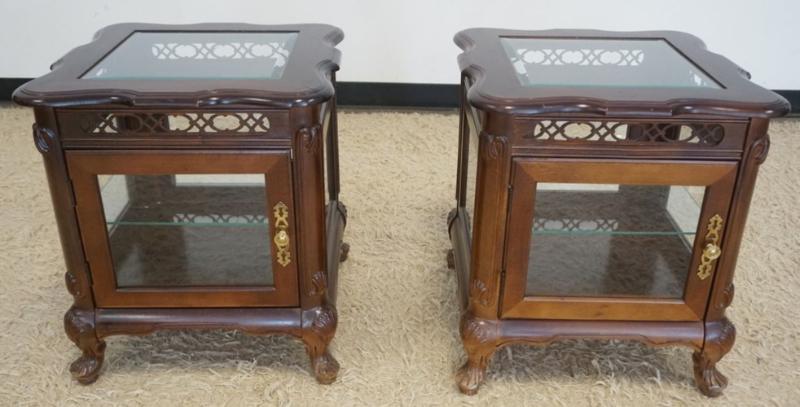 Sale Photo Thumbnail #264: 1263	PAIR OF 1 DOOR GLASS DISPLAY LAMP TABLES, EACH WITH INTERIOR GLASS SHELVES, EACH APPROXIMATELY 20 IN X 20 IN X 23 IN H
