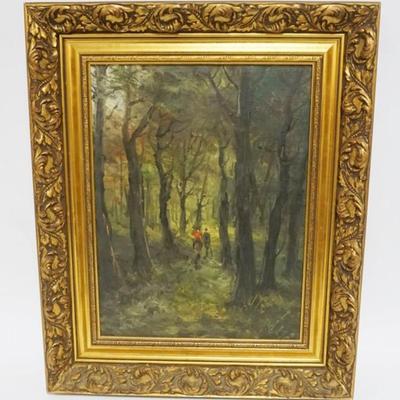 1109	OIL PAINTING ON CANVAS, IMAGE OF PEOPLE WALKING THROUGH A FOREST, APPROXIMATELY 18 1/2 IN X 22 1/4 IN OVERALL
