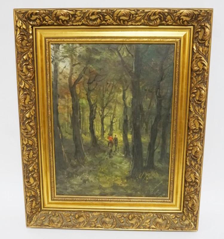 Sale Photo Thumbnail #109: 1109	OIL PAINTING ON CANVAS, IMAGE OF PEOPLE WALKING THROUGH A FOREST, APPROXIMATELY 18 1/2 IN X 22 1/4 IN OVERALL
