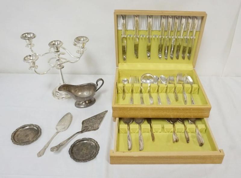 Sale Photo Thumbnail #106: 1106	GROUP OF ASSORTED SILVE PLATE ITEMS AND ROGERS FLATWARE
