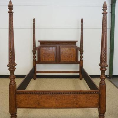 1198	QUEEN SIZE 4 POSTER BED WITH BURL WOOD FINISHED HEAD BOARD, APPROXIMATELY 66 IN X 91 IN X 83 IN H
