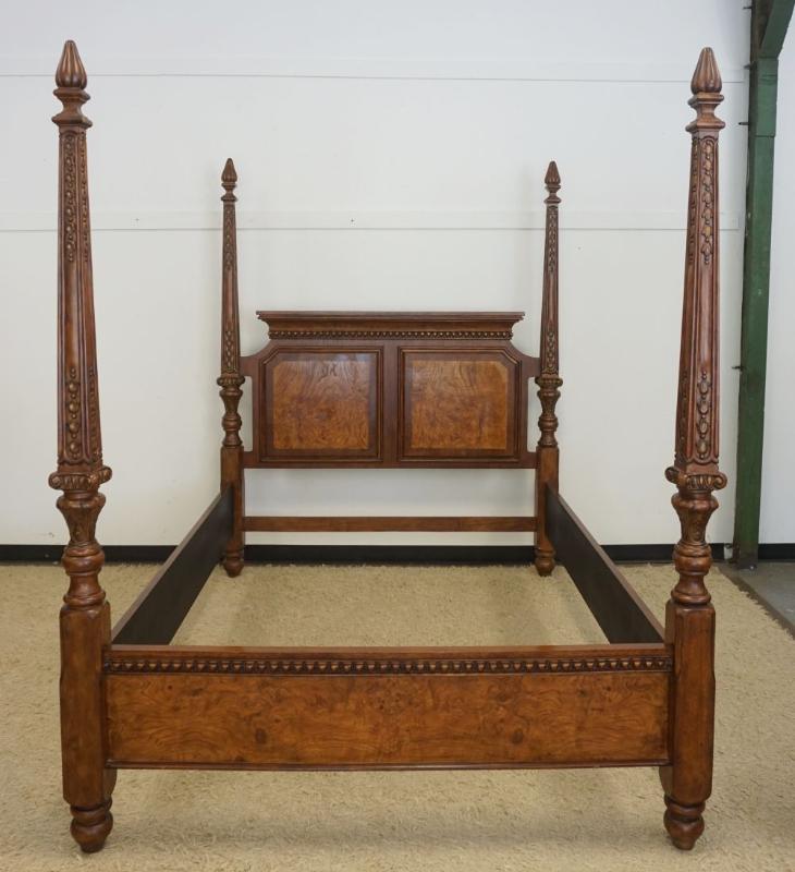 Sale Photo Thumbnail #199: 1198	QUEEN SIZE 4 POSTER BED WITH BURL WOOD FINISHED HEAD BOARD, APPROXIMATELY 66 IN X 91 IN X 83 IN H
