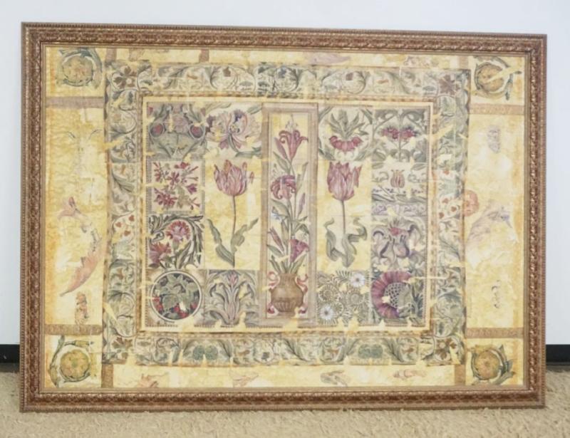 Sale Photo Thumbnail #241: 1240	LARGE FRAMED TAPESTRY LIKE ART WORK ON CANVAS, APPROXIMATELY 84 IN X 61 IN
