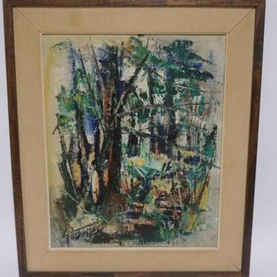 1112	ABSTRACT OIL PAINTING ON CANVAS, ARTIST SIGNED LOWER LEFT, APPROXIMATELY 21 1/2 IN X 26 IN OVERALL
