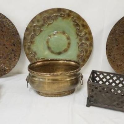 1166	GROUP OF ASSORTED METAL DECORATIVE ITEMS, INCLUDING PLANTERS, CANDLE SCONCES, URN, ETC. LARGEST PIECE APPROXIATELY 20 IN
