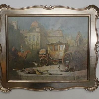 1117	FRAMED OIL ON CANVAS, COACH SCENE, ARTIST SIGNED LOWER RIGHT, APPROXIMATELY 37 IN X 32 IN OVERALL

