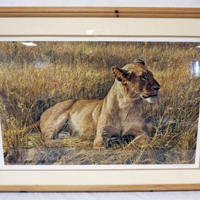 1134	ROBERT BATEMAN PRINT, FRAMED AND MATTED, PENCIL SIGNED AND NO. 44/950 *LIONESS AT SERENGETI*, APPROXIMATELY 42 IN X 31 IN OVERALL
