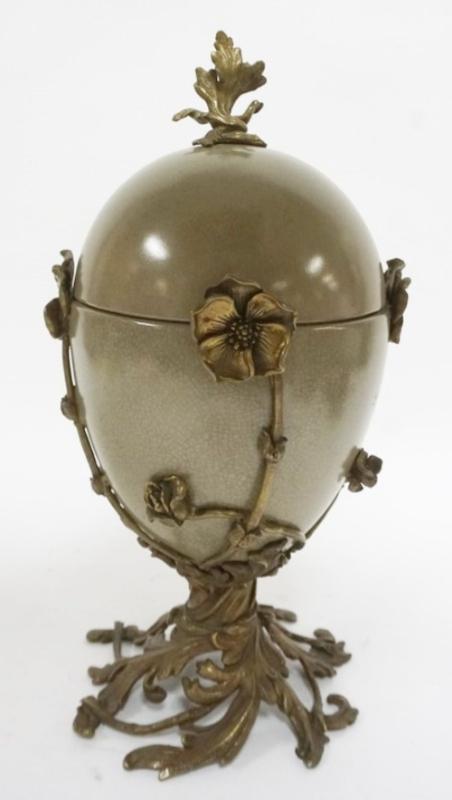 Sale Photo Thumbnail #153: 1153	MAITLAND SMITH PORCELAIN AND ORNATE CAST METAL COVERED URN, APPROXIMATELY 15 IN H
