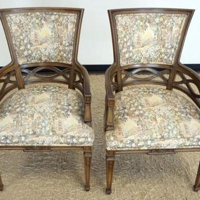 1266	PAIR OF UPHOLSTERED ARM CHAIRS WITH ASIAN GARDEN AND PAGODA DESIGN, EACH APPROXIMATELY 25 IN X 23 IN X 33 IN H
