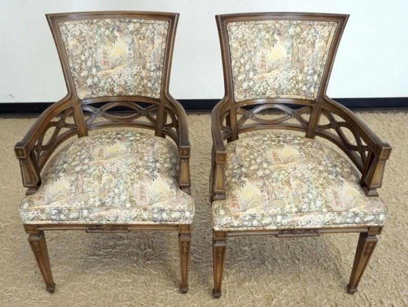 Sale Photo Thumbnail #267: 1266	PAIR OF UPHOLSTERED ARM CHAIRS WITH ASIAN GARDEN AND PAGODA DESIGN, EACH APPROXIMATELY 25 IN X 23 IN X 33 IN H
