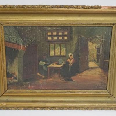 1110	OIL PAINTING ON CANVAS, IMAGE OF COUPLE SEATED AT A TABLE IN COTTAGE, ARTIST SIGNED, APPROXIMATELY 18 IN X 13 IN OVERALL, SOME...