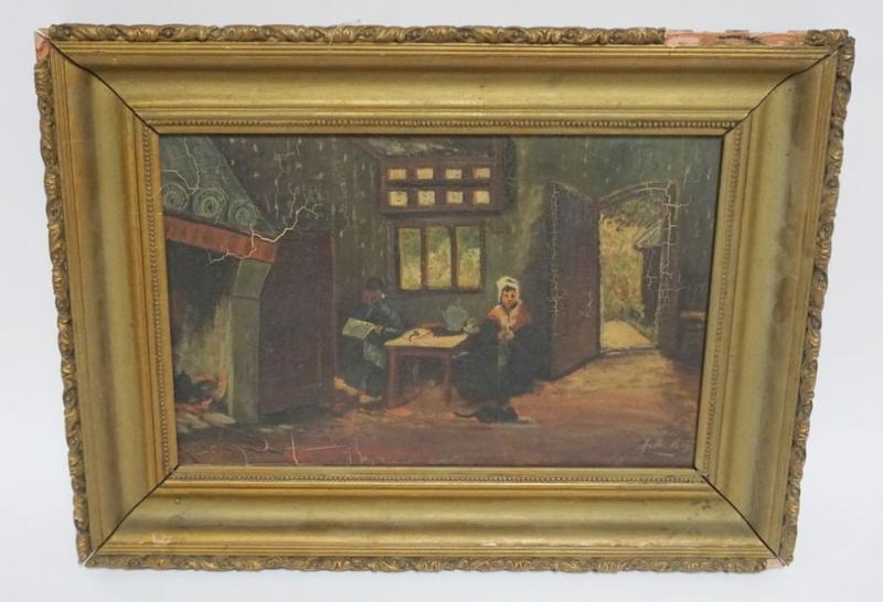 Sale Photo Thumbnail #110: 1110	OIL PAINTING ON CANVAS, IMAGE OF COUPLE SEATED AT A TABLE IN COTTAGE, ARTIST SIGNED, APPROXIMATELY 18 IN X 13 IN OVERALL, SOME CRACKING
