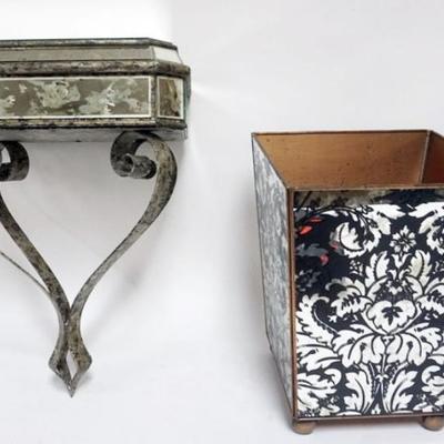 1158	DISTRESSED MIRRORED HANGING WALL SHELF AND WASTE BASKET, BASKET APPROXIMATELY 9 1/4 IN SQ X 12 IN H
