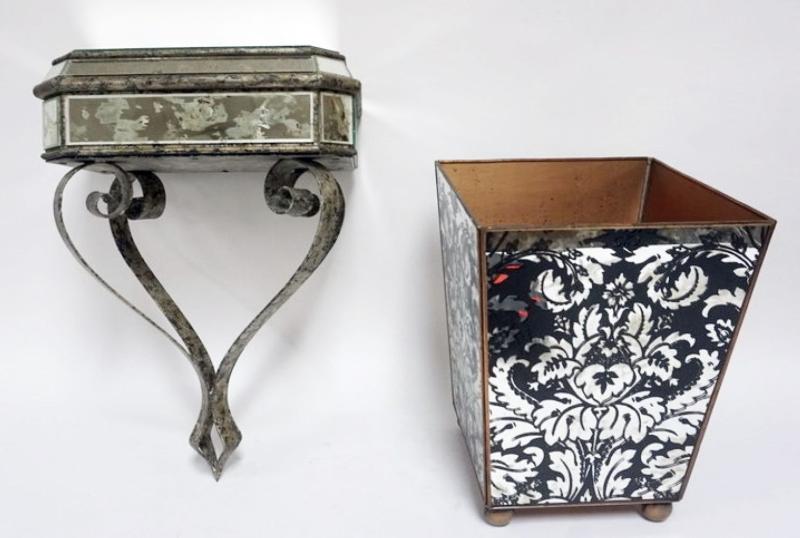 Sale Photo Thumbnail #158: 1158	DISTRESSED MIRRORED HANGING WALL SHELF AND WASTE BASKET, BASKET APPROXIMATELY 9 1/4 IN SQ X 12 IN H
