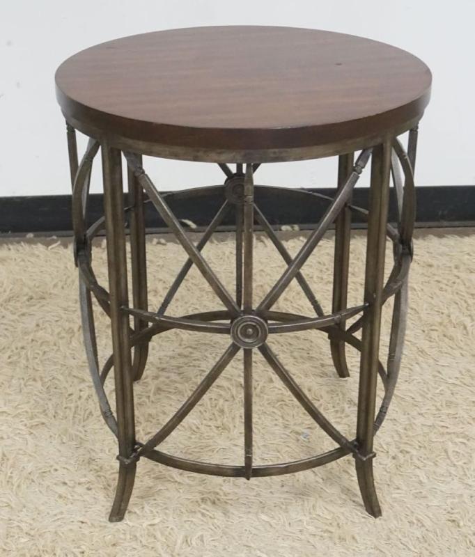 Sale Photo Thumbnail #240: 1239	ROUND WOOD TOP LAMP TABLE ON METAL BASE, APPROXIMATELY 20 IN X 25 IN H
