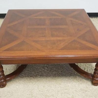 1267	MAHOGANY COCKTAIL TABLE W/TURNED LEGS & BURLWOOD & LATTICE PATTERN TOP, APPROXIMATELY 48 IN X 19 IN HIGH
