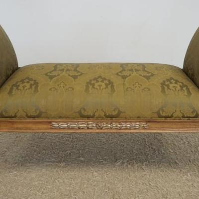 1202	UPHOLSTERED SCROLLED ARM WINDOW BENCH, APPROXIMATELY 60 IN X 22 IN X 33 IN H, SOME STAINING ON UPHOLSTRY
