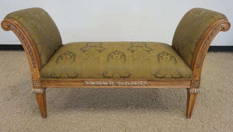 Sale Photo Thumbnail #203: 1202	UPHOLSTERED SCROLLED ARM WINDOW BENCH, APPROXIMATELY 60 IN X 22 IN X 33 IN H, SOME STAINING ON UPHOLSTRY
