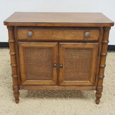 1233	LANE 1 DRAWER, 2 DOOR FRUITWOOD STAND WITH WOVEN PANELED DOORS, FAUX BAMBOO TURN COLUMN SIDES, APPROXIMATELY 32 IN X 17 IN X 30 IN H
