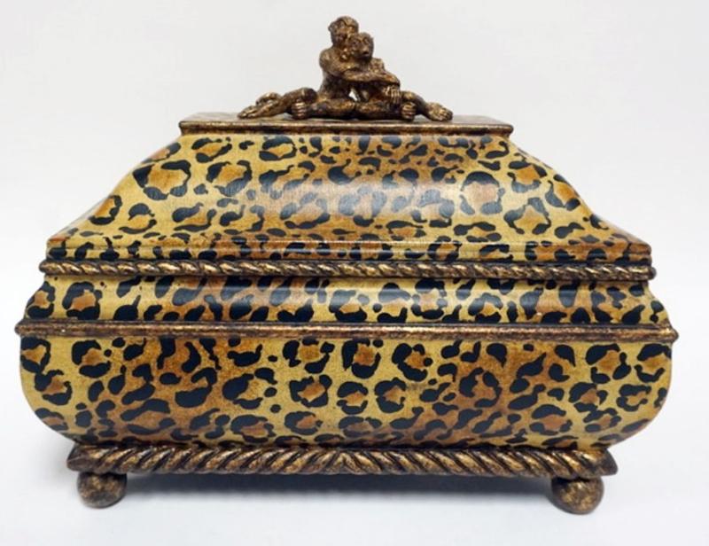 Sale Photo Thumbnail #151: 1151	CASTILIAN IMPORTS FAUX LEOPARD SKIN BOX WITH MONKEYS ON LID TOP, APROXIMATELY 13 IN X 7 IN X 11 IN
