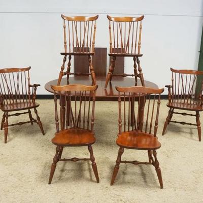1269	HENKEL HARRIS SOLID BLACK CHERRY TABLE WITH 3 LEAVES AND 6 WINDSOR CHAIRS - NICHOLAS AND STONE, TABLE APPROXIMATELY 60 IN X 44 IN X...