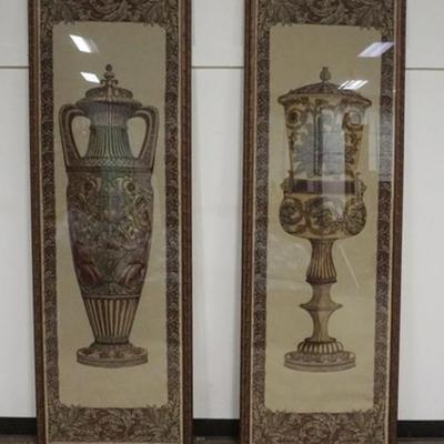 1121	2 LARGE FRAMED CLOTH TAPERSTRIES WITH IMAGES OF URNS, EACH APPROXIMATELY 29 IN X 88 IN OVERALL
