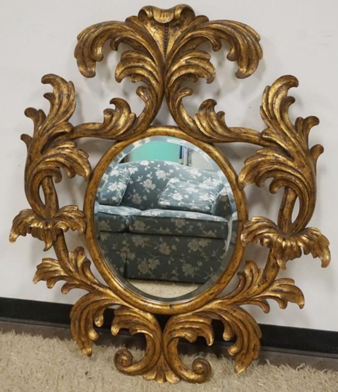 Sale Photo Thumbnail #122: 1122	LARGE CONTEMPORARY CARVED WOOD BEVELED EDGE MIRROR WITH GILT FINISH, MARKED ON BACK DAUPHONE HARRISON & GIL, APPROXIMATELY 37 IN X 49 IN H
