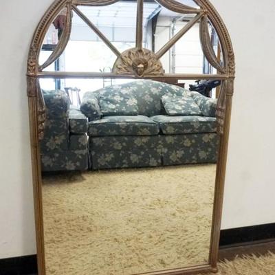 1144	HANGING MIRROR IN WOOD FRAME WITH SUNBURST DESIGN AT TOP, APPROXIMATELY 27 IN X 46 IN H
