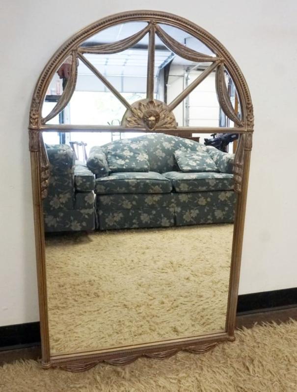 Sale Photo Thumbnail #144: 1144	HANGING MIRROR IN WOOD FRAME WITH SUNBURST DESIGN AT TOP, APPROXIMATELY 27 IN X 46 IN H
