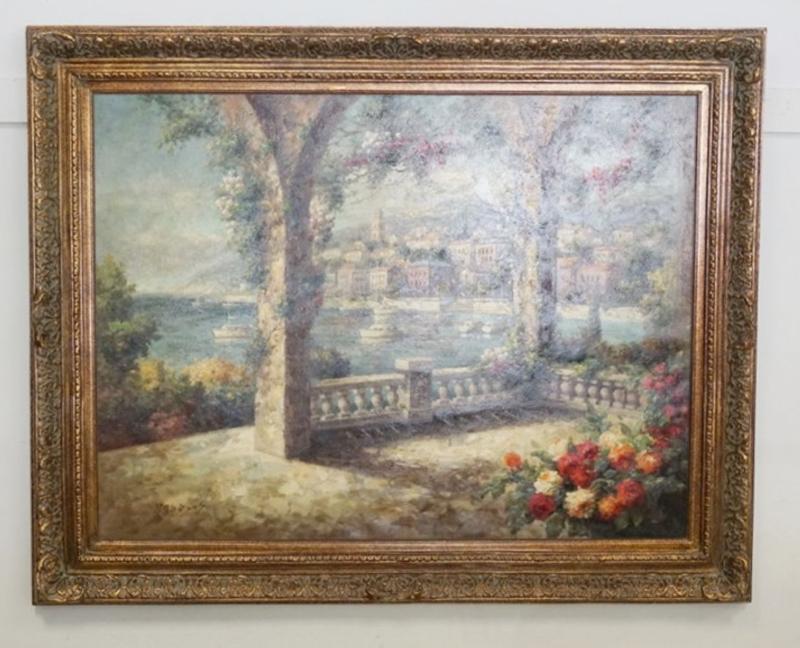Sale Photo Thumbnail #115: 1115	LARGE FRAMED OIL ON CANVAS, MEDITERRANEAN SHORE SCENE, SIGNED LOWER LEFT, APPROXIMATELY 58 IN X 46 IN OVERALL
