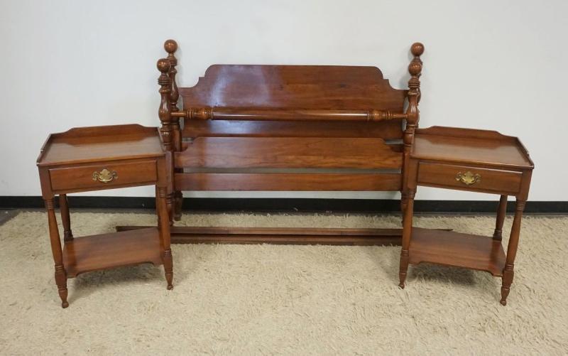 Sale Photo Thumbnail #274: 1273	HENKEL HARRIS VIRGINIA GALLERIES SOLID BLACK CHERRY QUEEN SIZE BED AND 2 BEDSIDE STANDS, BED APPROXIMATELY 88 IN X 47 IN X 65 IN W, EACH STAND APPROXIMATELY 21 IN X 17 IN X 31 IN H
