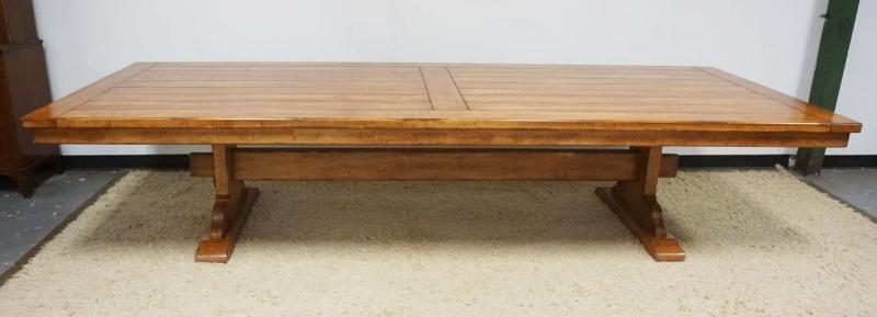 Sale Photo Thumbnail #227: 1226	SOLID CHERRY CUSTOM CONFERENCE BANQUET TABLE WITH TRESTLE BASE, APPROXIMATELY 138 IN X 52 IN X 30 IN H
