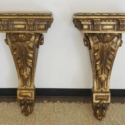 1218	PAIR OF LARGE NEO CLASSICAL ARCHITECTUAL WOOD & COMPOSITE HANGING SHELVES, EACH APPROXIMATELY 19 IN X 16 IN X 35 1/2 IN
