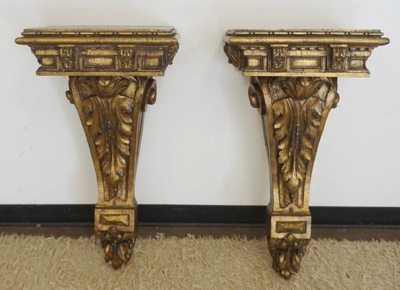 Sale Photo Thumbnail #219: 1218	PAIR OF LARGE NEO CLASSICAL ARCHITECTUAL WOOD & COMPOSITE HANGING SHELVES, EACH APPROXIMATELY 19 IN X 16 IN X 35 1/2 IN
