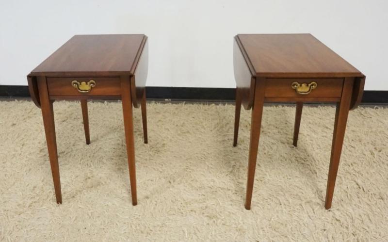 Sale Photo Thumbnail #275: 1274	HENKEL HARRIS VIRGINIA GALLERIES PAIR OF SOLID BLACK CHERRY 1 DRAWER DROP LEAF LAMP TABLES STANDS, EACH APPROXIMATELY 16 IN X 23 IN X 25 IN H, EACH DROP 7 IN
