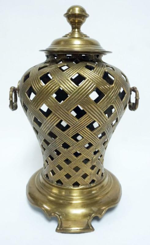Sale Photo Thumbnail #152: 1152	DECORATIVE CRAFTS HAND CRAFTED IMPORTS COVERED RETICULATED BRASS URN, APPROXIMATELY 18 IN H
