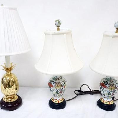 1184	PAIR OF ASIAN STYLE PROCELAIN TABLE LAMPS ON WOOD BASE AND BRASS PINAPPLE LAMP, TALLEST APPROXIMATELY 23 IN H

