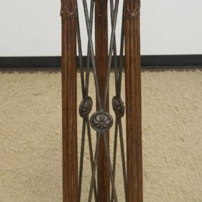 1211	WOOD PEDESTAL WITH LEATHER TOP AND REEDED COLUMNS AND METAL CROSS MEMBER CENTER, APPROXIMATELY 16 IN X 14 IN X 49 IN H
