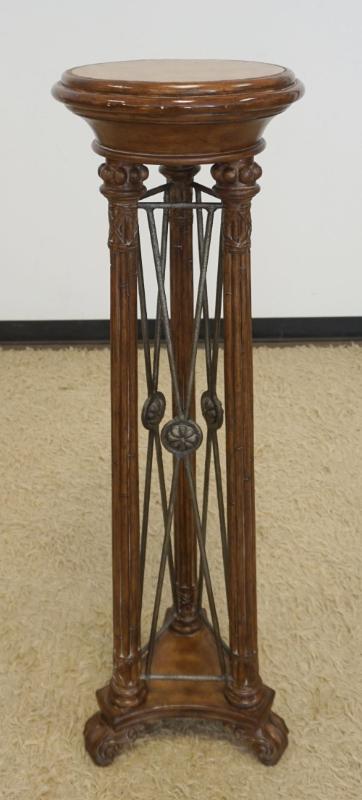 Sale Photo Thumbnail #212: 1211	WOOD PEDESTAL WITH LEATHER TOP AND REEDED COLUMNS AND METAL CROSS MEMBER CENTER, APPROXIMATELY 16 IN X 14 IN X 49 IN H

