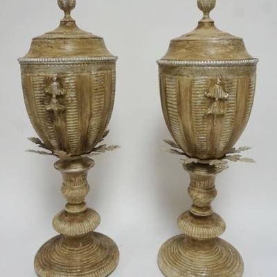 1160	PAIR OF ORNATE COMPOSITE AND METAL OAK LEAF DECORATIVE URNS, EACH APPROXIMATELY 23 IN H
