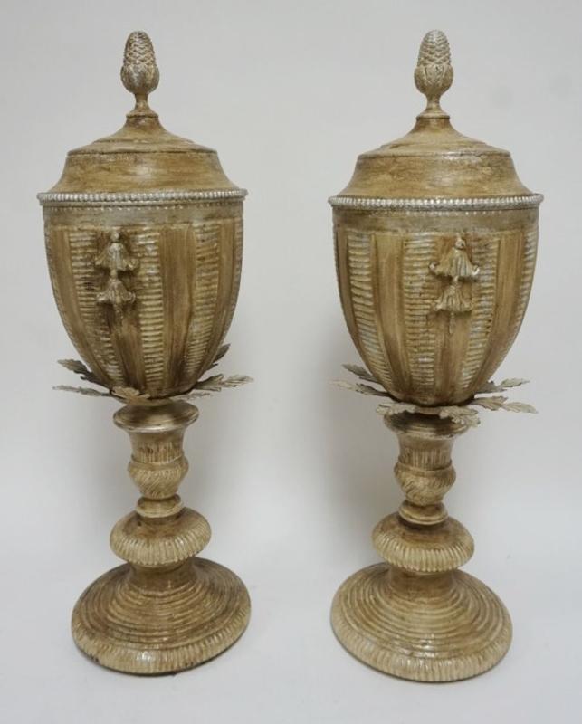 Sale Photo Thumbnail #160: 1160	PAIR OF ORNATE COMPOSITE AND METAL OAK LEAF DECORATIVE URNS, EACH APPROXIMATELY 23 IN H
