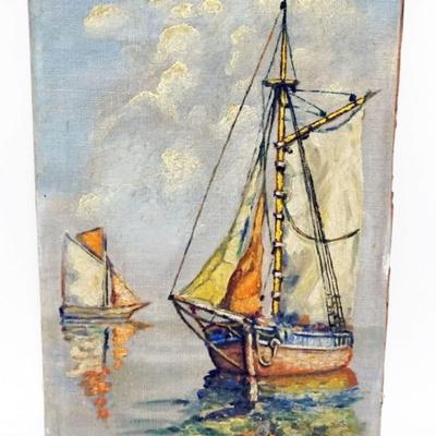 1108	OIL PAINTING ON BOARD, IMAGE OF SAILING SHIPS ON WATER, ARTIST SIGNED AND DATED 1937, APPROXIMATELY 11 IN X 17 IN
