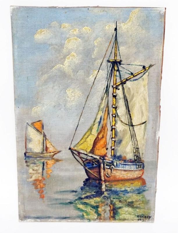 Sale Photo Thumbnail #108: 1108	OIL PAINTING ON BOARD, IMAGE OF SAILING SHIPS ON WATER, ARTIST SIGNED AND DATED 1937, APPROXIMATELY 11 IN X 17 IN
