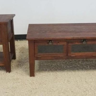 1232	COFFEE TABLE AND LAMP TABLE, BOTH WITH FALL FRONT GLASS DOOR FOR ACCESS TO STORAGE, LAMP TABLE APPROXIMATELY 22 IN X 18 IN X 24 IN,...