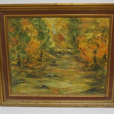 1113	OIL PAINTING ON CANVAS, IMAGE OF WOODED STREAM WITH BRIDGE, SIGNED BROCKWAY, APPROXIMATELY 24 1/2 IN X 20 1/2 IN OVERALL
