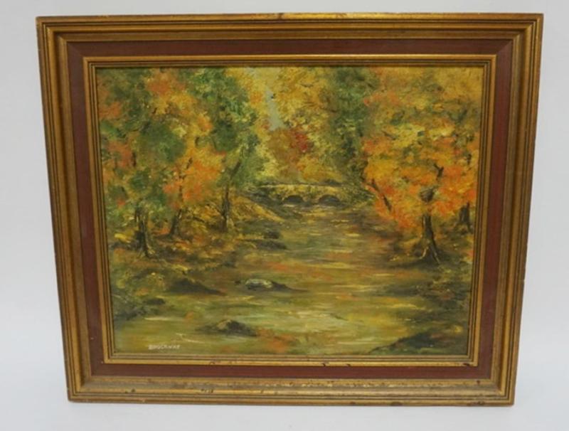 Sale Photo Thumbnail #113: 1113	OIL PAINTING ON CANVAS, IMAGE OF WOODED STREAM WITH BRIDGE, SIGNED BROCKWAY, APPROXIMATELY 24 1/2 IN X 20 1/2 IN OVERALL
