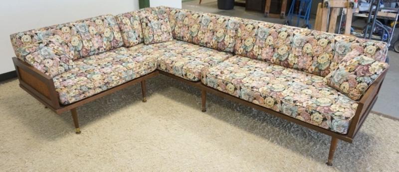 Sale Photo Thumbnail #254: 1253	MID CENTURY MODERN SECTIONAL SOFA WITH CANE SIDES, *MODERN FOAM FURNITURE, NEWARK, NJ*, APPROXIMATELY 125 IN X 72 IN X 30 IN H
