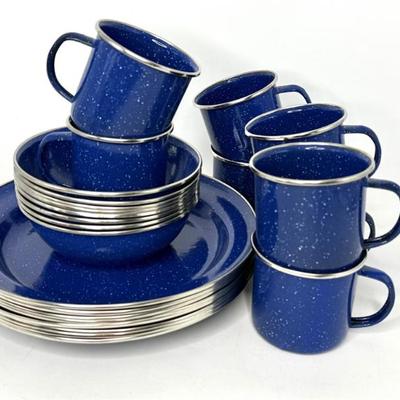 Blue Speckled Enamelware Set - 3 Pc Setting for 8 