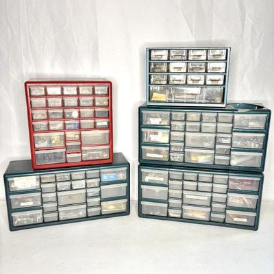 Lot of 5 Storage Organizer Bins Full of Hardware, Screws, Nuts, Bolts, Nails 